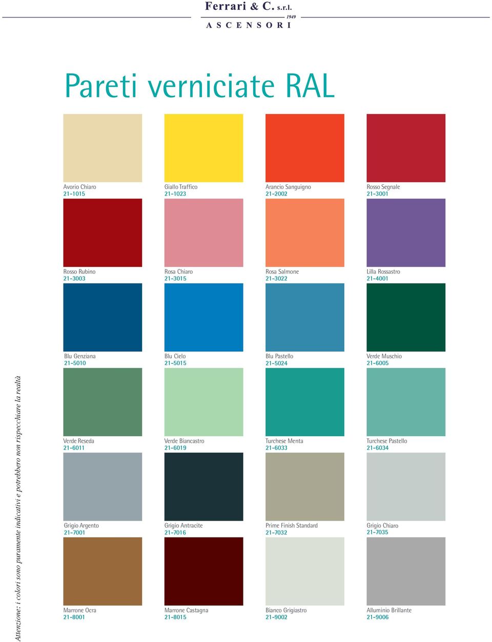 indicativi e potrebbero non rispecchiare la realtà Verde Reseda 21-6011 Grigio Argento 21-7001 Marrone Ocra 21-8001 Verde Biancastro 21-6019 Grigio Antracite 21-7016