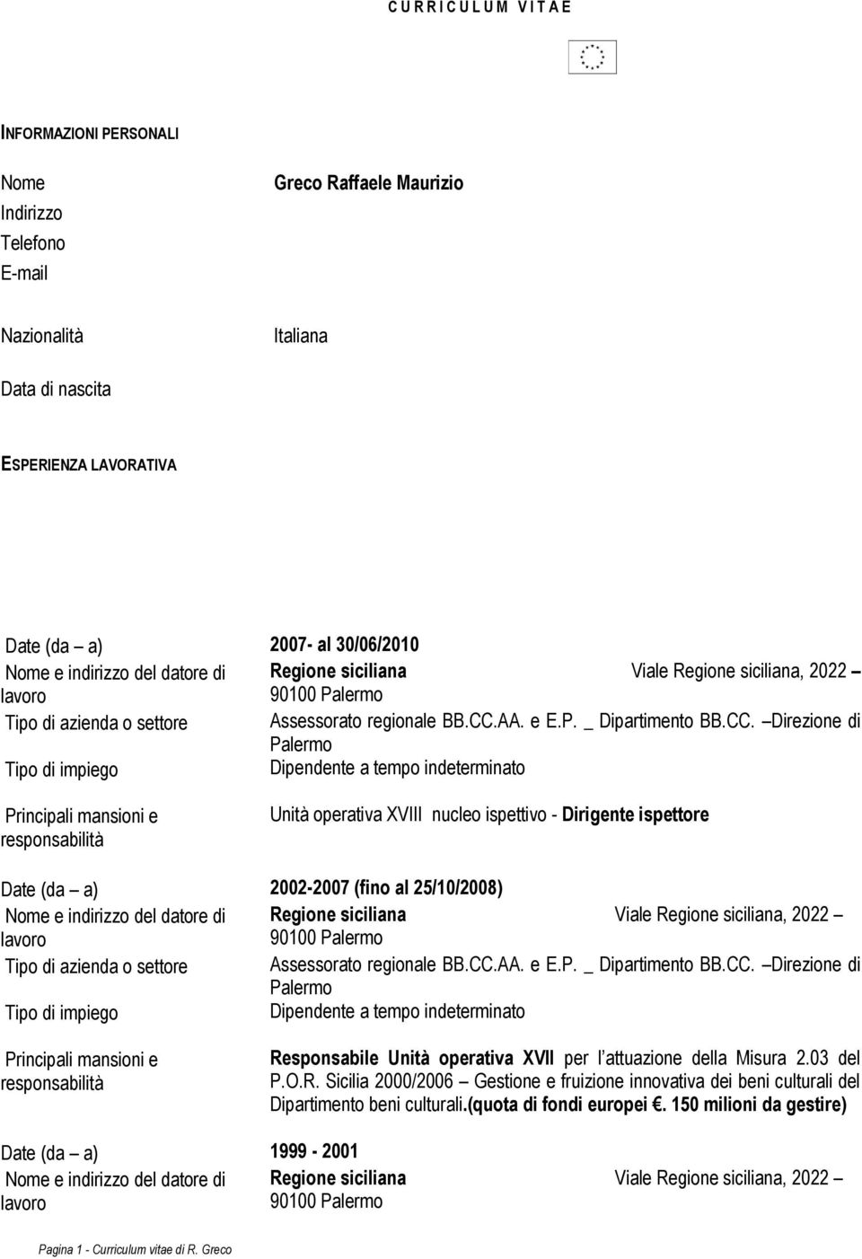 25/10/2008) Responsabile Unità operativa XVII per l attuazione della Misura 2.03 del P.O.R. Sicilia 2000/2006 Gestione e fruizione innovativa dei beni culturali del Dipartimento beni culturali.