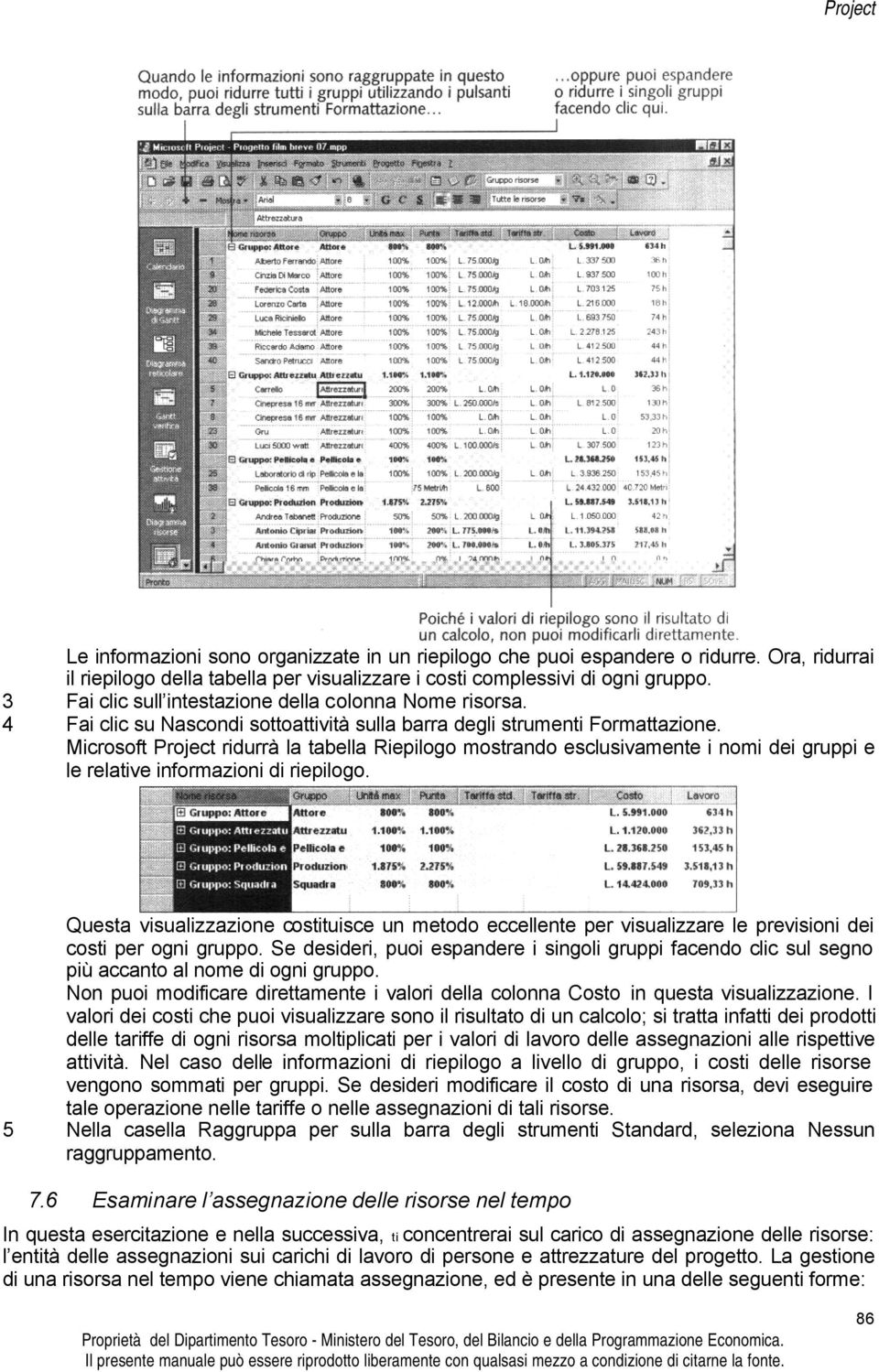 Microsoft Project ridurrà la tabella Riepilogo mostrando esclusivamente i nomi dei gruppi e le relative informazioni di riepilogo.