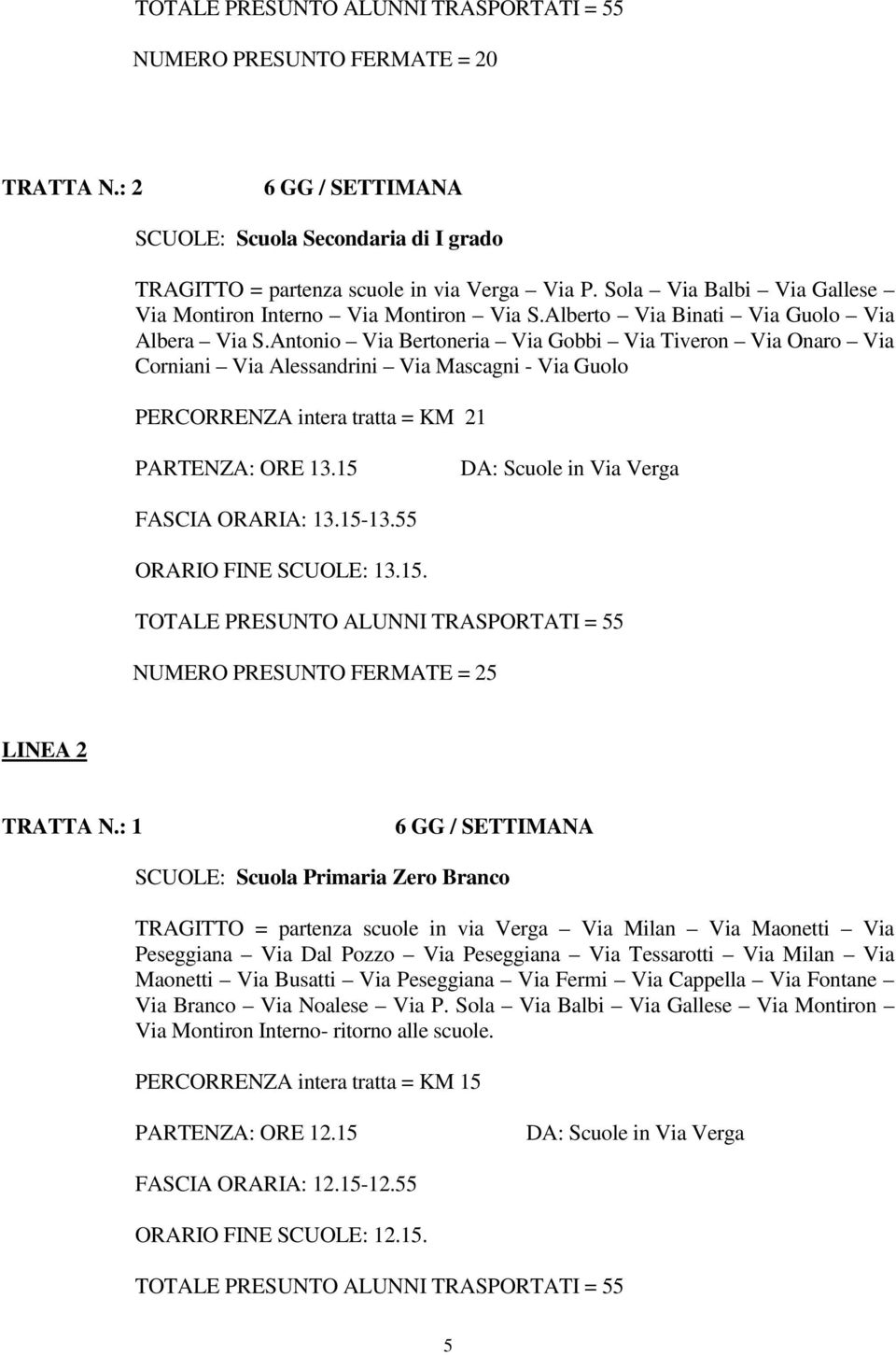 Antonio Via Bertoneria Via Gobbi Via Tiveron Via Onaro Via Corniani Via Alessandrini Via Mascagni - Via Guolo PERCORRENZA intera tratta = KM 21 PARTENZA: ORE 13.15 FASCIA ORARIA: 13.15-13.