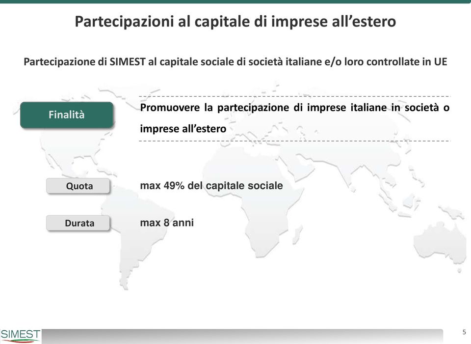 UE Finalità Promuovere la partecipazione di imprese italiane in società