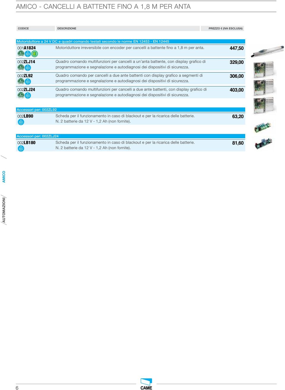 447,50 002ZLJ4 Quadro comando multifunzioni per cancelli a un anta battente, con display grafico di 329,00 002ZL92 Quadro comando per cancelli a due ante battenti con display grafico a segmenti di