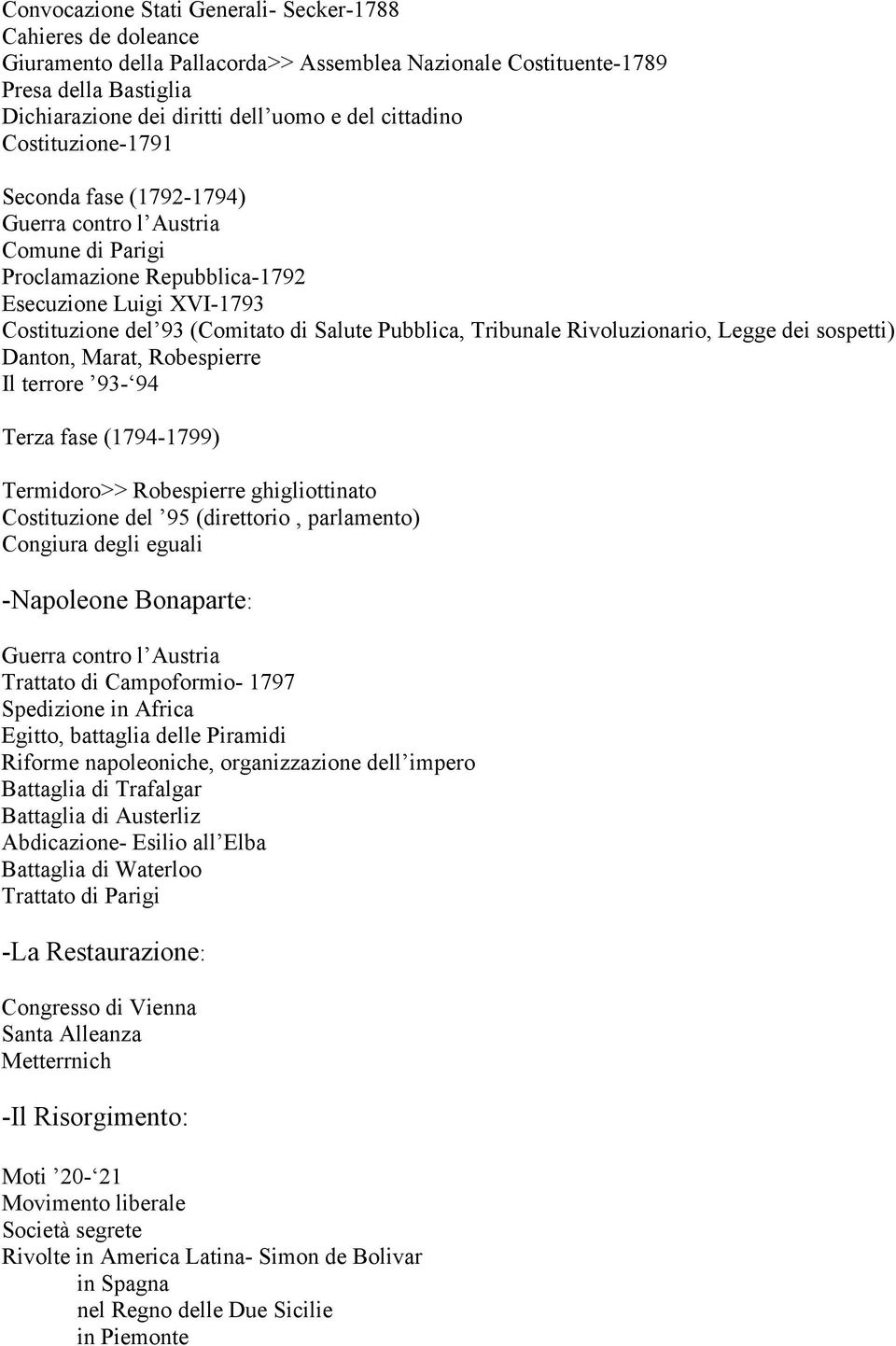 Rivoluzionario, Legge dei sospetti) Danton, Marat, Robespierre Il terrore 93-94 Terza fase (1794-1799) Termidoro>> Robespierre ghigliottinato Costituzione del 95 (direttorio, parlamento) Congiura