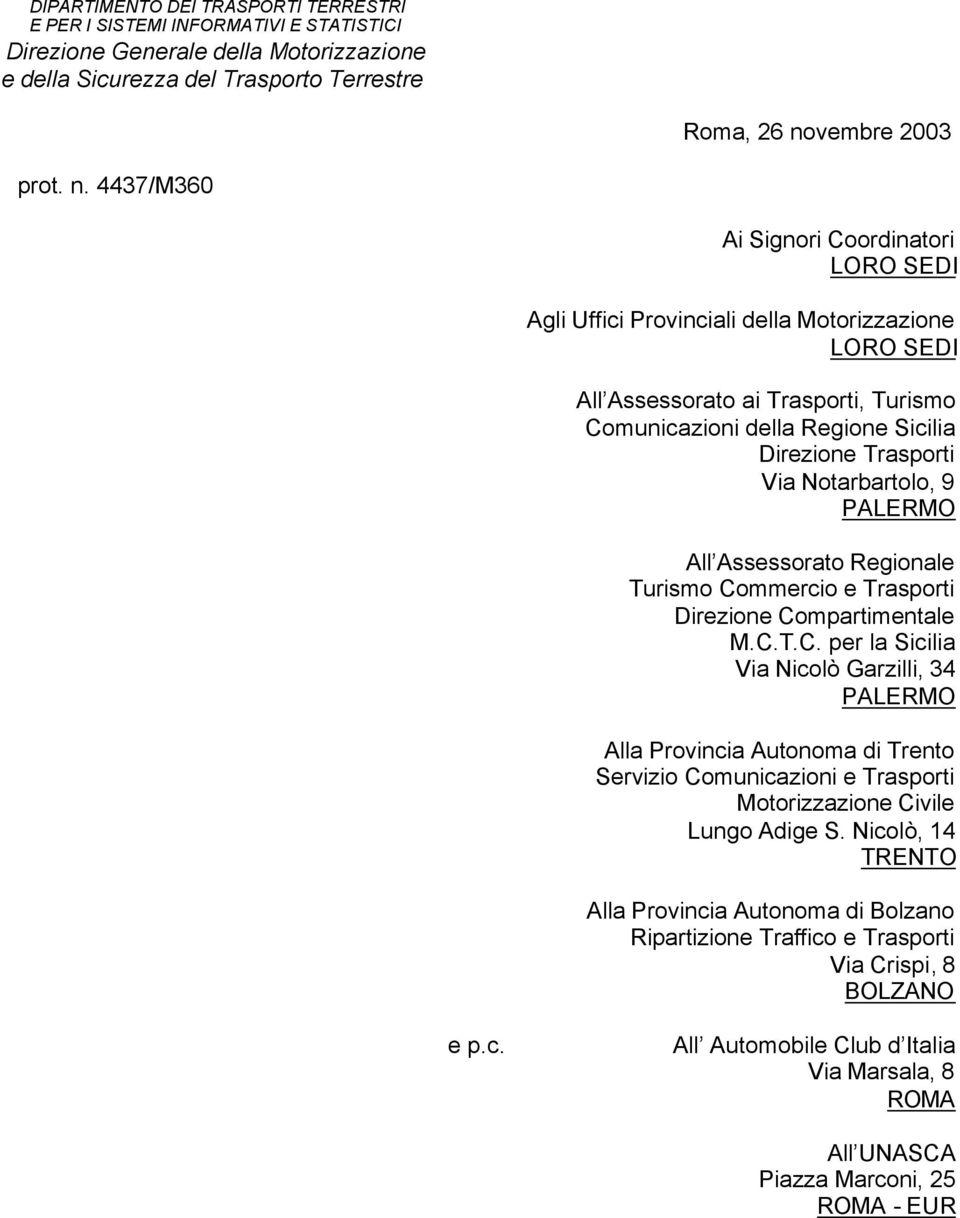 447/M60 Ai Signori Coordinatori LORO SEDI Agli Uffici Provinciali della Motorizzazione LORO SEDI All Assessorato ai Trasporti, Turismo Comunicazioni della Regione Sicilia Direzione Trasporti Via