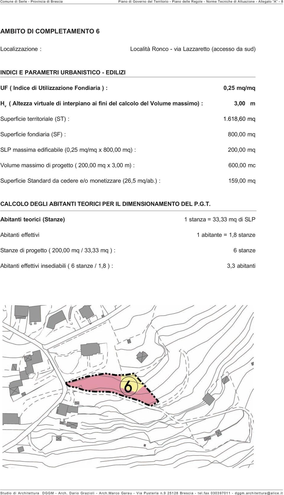 Località Ronco - via Lazzaretto (accesso da sud) SLP massima edificabile ( x ) : Volume