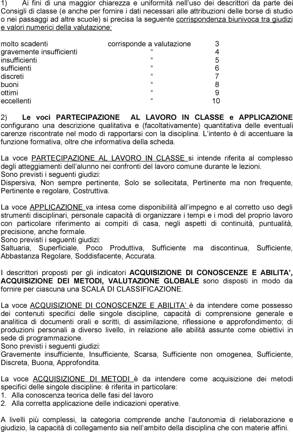 sufficienti 6 discreti 7 buoni 8 ottimi 9 eccellenti 10 2) Le voci PARTECIPAZIONE AL LAVORO IN CLASSE e APPLICAZIONE configurano una descrizione qualitativa e (facoltativamente) quantitativa delle