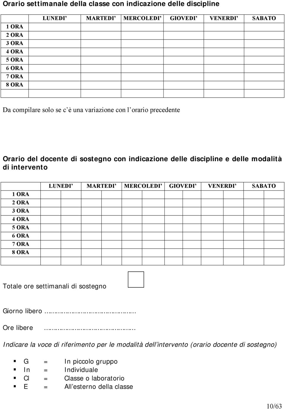 3 ORA 4 ORA 5 ORA 6 ORA 7 ORA 8 ORA LUNEDI MARTEDI MERCOLEDI GIOVEDI VENERDI SABATO Totale ore settimanali di sostegno Giorno libero Ore libere Indicare la voce di