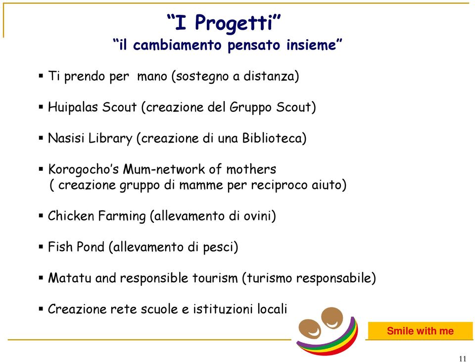 mothers ( creazione gruppo di mamme per reciproco aiuto) Chicken Farming (allevamento di ovini) Fish Pond