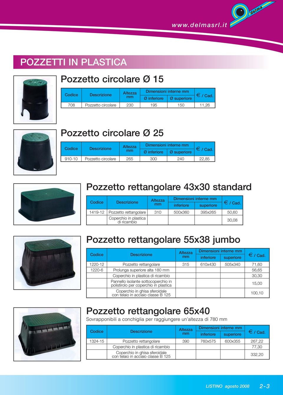 Descrizione Altezza Dimensioni interne Ø inferiore Ø superiore 910-10 Pozzetto circolare 265 300 240 22,85 Pozzetto rettangolare 43x30 standard Codice Descrizione Altezza Dimensioni interne inferiore