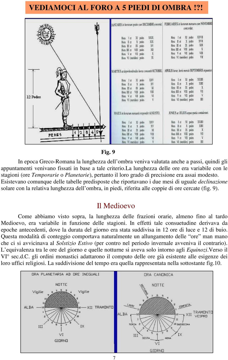 Esistevano comunque delle tabelle predisposte che riportavano i due mesi di uguale declinazione solare con la relativa lunghezza dell ombra, in piedi, riferita alle coppie di ore cercate (fig. 9).