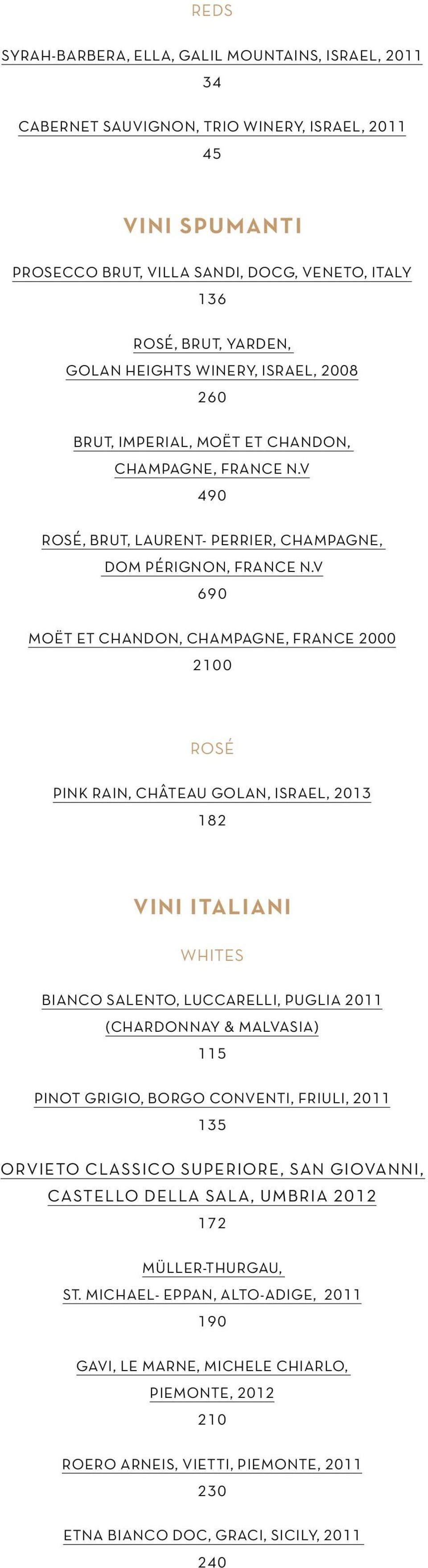V 690 Moët et Chandon, Champagne, France 2000 2100 Rosé Pink Rain, Château Golan, Israel, 2013 182 Vini Italiani Whites Bianco Salento, Luccarelli, Puglia 2011 (ChardoNnay & Malvasia) 115 Pinot