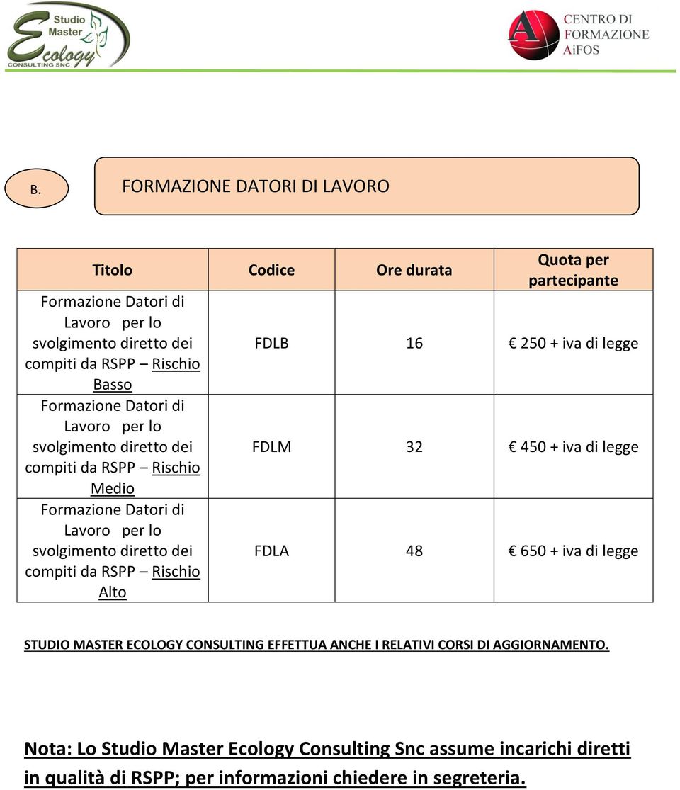 Rischio Alto Quota per partecipante FDLB 16 250 + iva di legge FDLM 32 450 + iva di legge FDLA 48 650 + iva di legge STUDIO MASTER ECOLOGY CONSULTING EFFETTUA