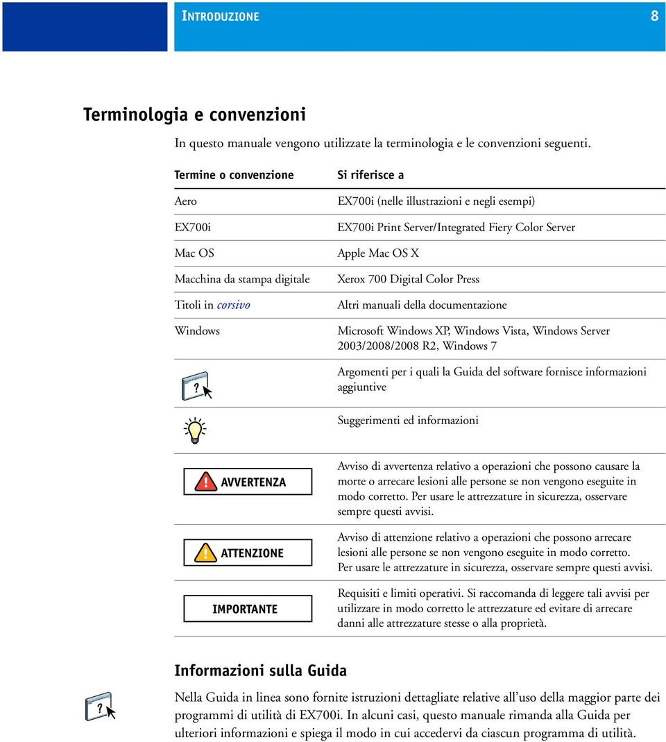 Server Apple Mac OS X Xerox 700 Digital Color Press Altri manuali della documentazione Microsoft Windows XP, Windows Vista, Windows Server 2003/2008/2008 R2, Windows 7 Argomenti per i quali la Guida