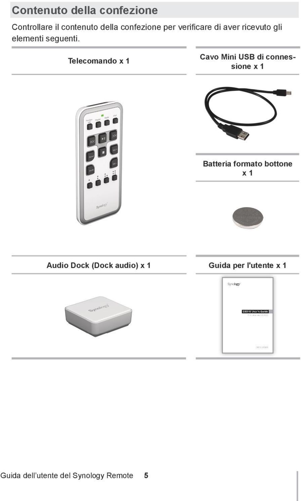 Telecomando x 1 Cavo Mini USB di connessione x 1 Batteria formato