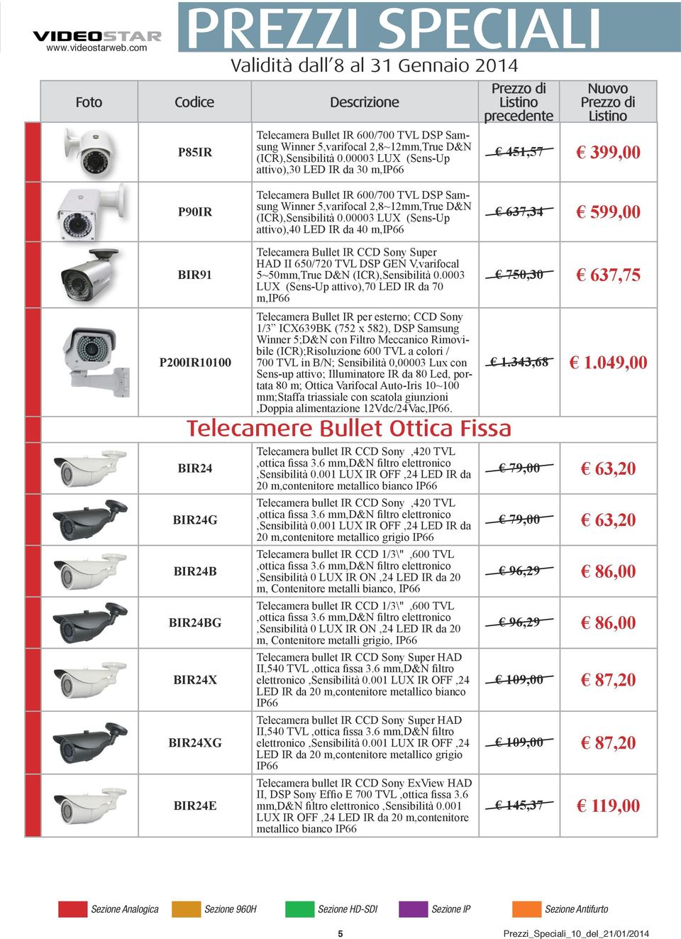 00003 LUX (Sens-Up attivo),40 LED IR da 40 m, 637,34 599,00 BIR91 P200IR10100 Telecamera Bullet IR CCD Sony Super HAD II 650/720 TVL DSP GEN V,varifocal 5~50mm,True D&N (ICR),Sensibilità 0.