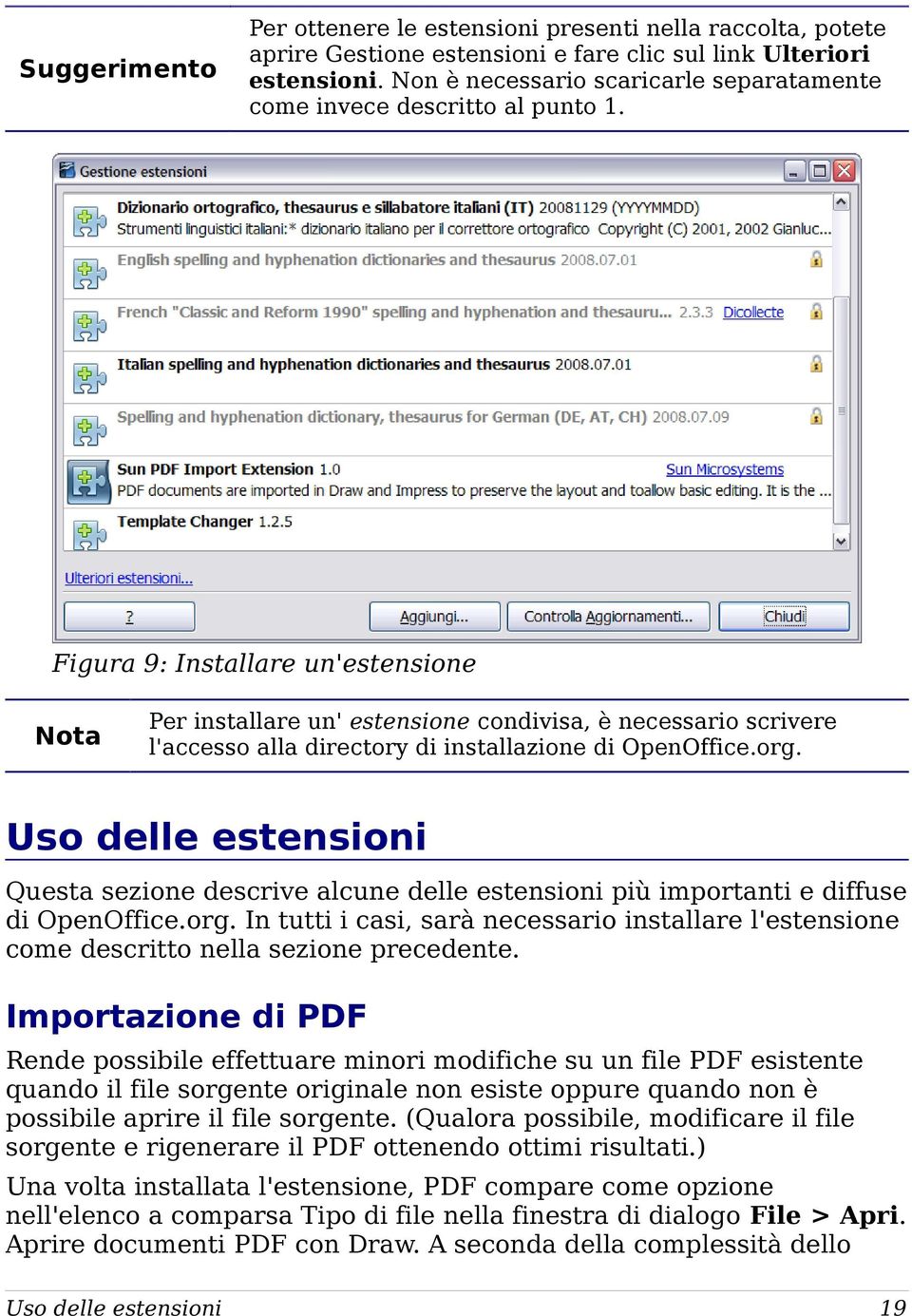 Figura 9: Installare un'estensione Nota Per installare un' estensione condivisa, è necessario scrivere l'accesso alla directory di installazione di OpenOffice.org.