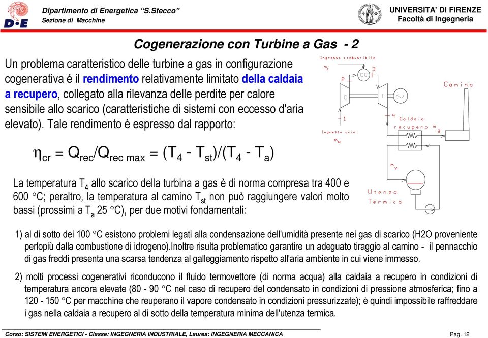 Tale rendimento è espresso dal rapporto: cr = Q rec /Q rec max = (T 4 - T st )/(T 4 - T a ) La temperatura T 4 allo scarico della turbina a gas è di norma compresa tra 400 e 600 C; peraltro, la