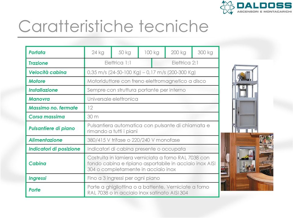 disco Sempre con struttura portante per interno Universale elettronica 30 m Pulsantiera automatica con pulsante di chiamata e rimando a tutti i piani 380/415 V trifase o 220/240 V monofase Indicatori