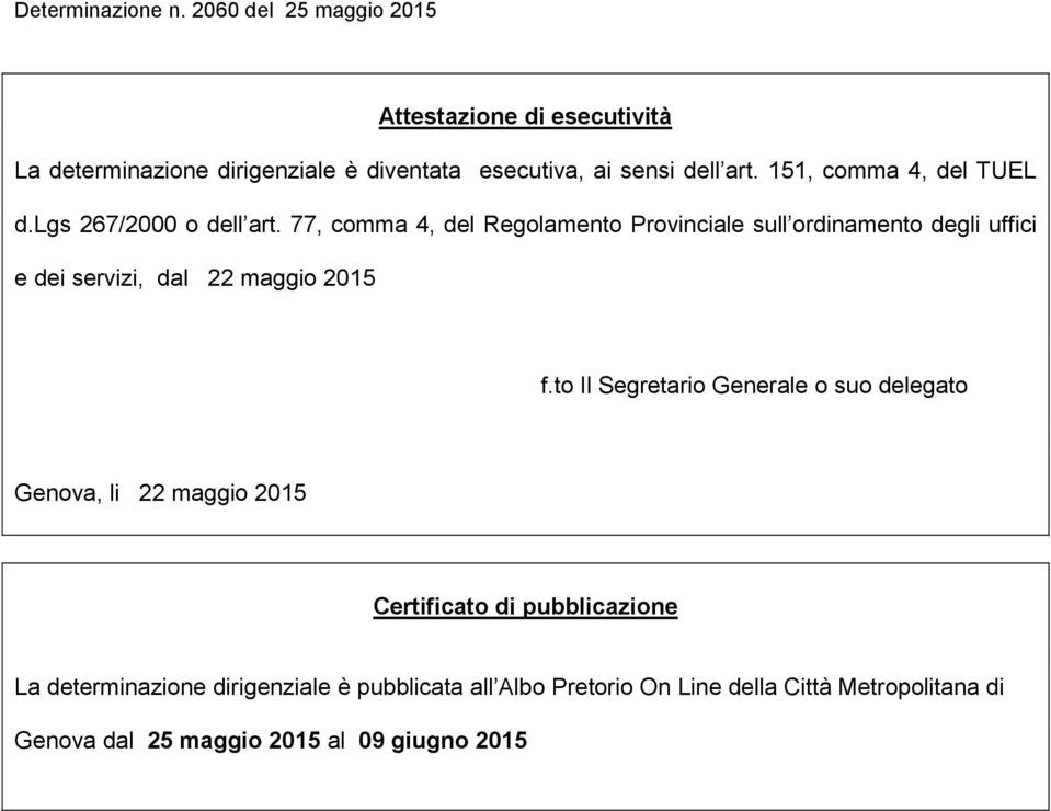 77, comma 4, del Regolamento Provinciale sull ordinamento degli uffici e dei servizi, dal 22 maggio 2015 f.