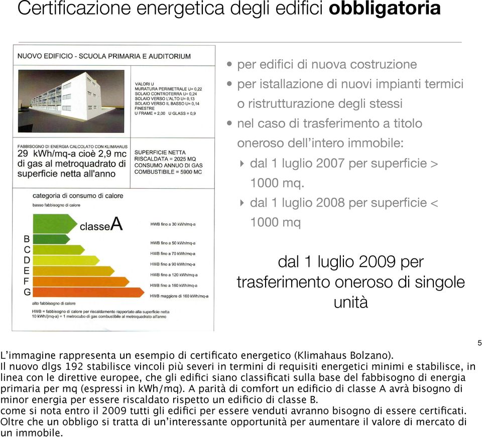 dal 1 luglio 2008 per superficie < 1000 mq dal 1 luglio 2009 per trasferimento oneroso di singole unità L immagine rappresenta un esempio di certificato energetico (Klimahaus Bolzano).