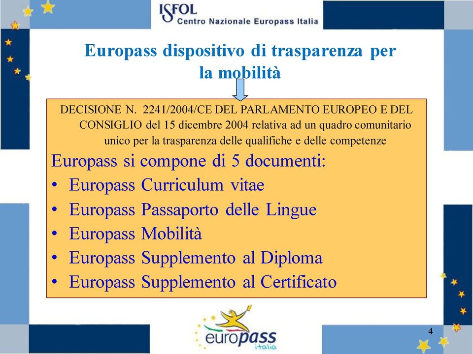 comunitario unico per la trasparenza delle qualifiche e delle competenze Europass si compone di 5