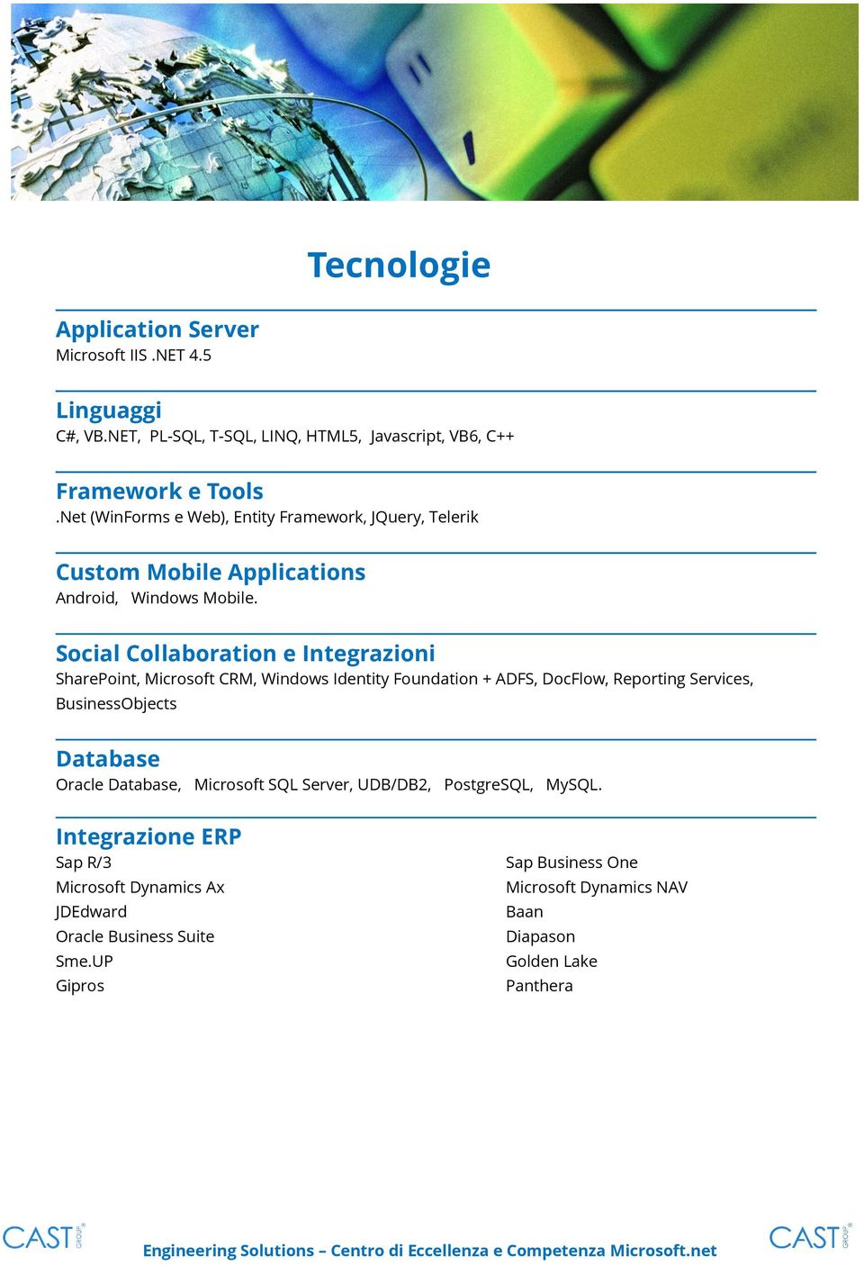 Social Collaboration e Integrazioni SharePoint, Microsoft CRM, Windows Identity Foundation + ADFS, DocFlow, Reporting Services, BusinessObjects Database