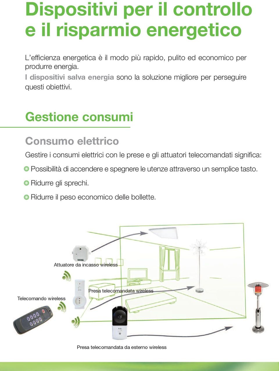 Gestione consumi Consumo elettrico Gestire i consumi elettrici con le prese e gli attuatori telecomandati significa: Possibilità di accendere e