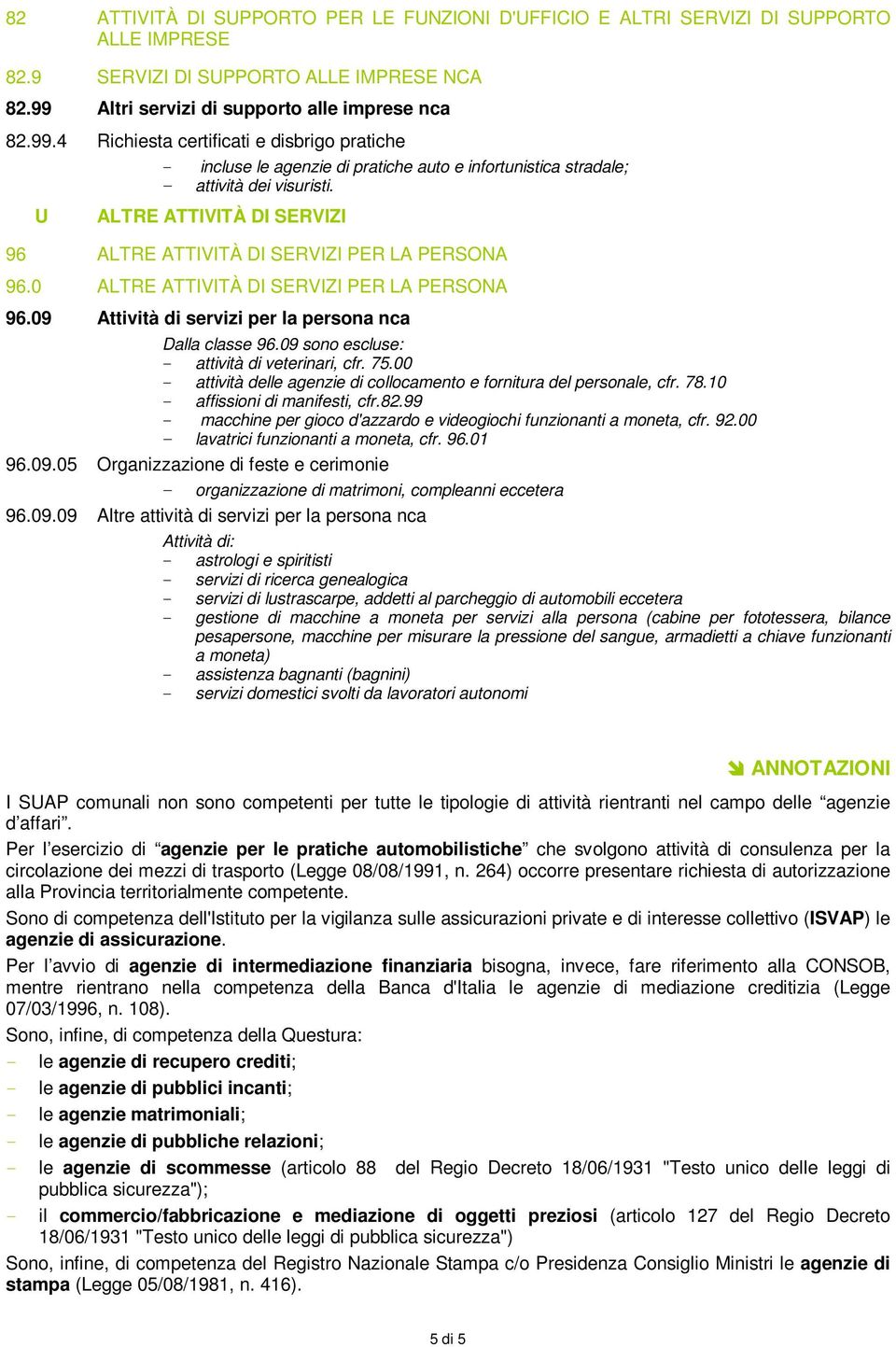 ALTRE ATTIVITÀ DI SERVIZI 96 ALTRE ATTIVITÀ DI SERVIZI PER LA PERSONA 96.0 ALTRE ATTIVITÀ DI SERVIZI PER LA PERSONA 96.09 Attività di servizi per la persona nca Dalla classe 96.