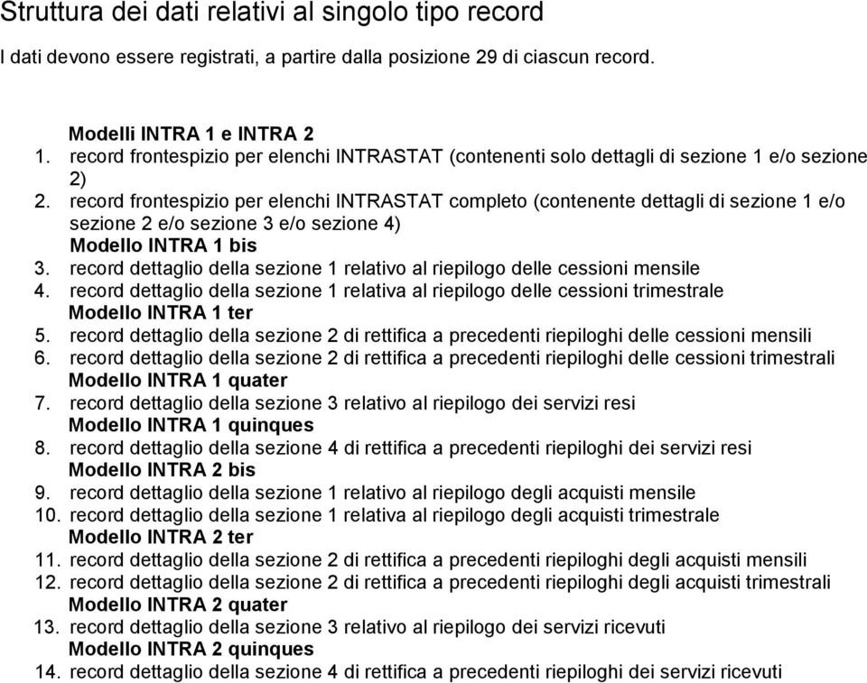 record frontespizio per elenchi INTRASTAT completo (contenente dettagli di sezione 1 e/o sezione 2 e/o sezione 3 e/o sezione 4) Modello INTRA 1 bis 3.