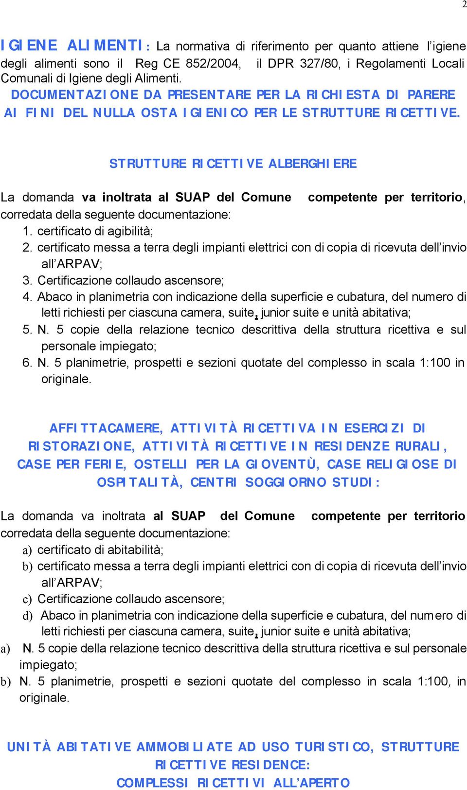 STRUTTURE RICETTIVE ALBERGHIERE La domanda va inoltrata al SUAP del Comune competente per territorio, corredata della seguente documentazione: 1. certificato di agibilità; 2.