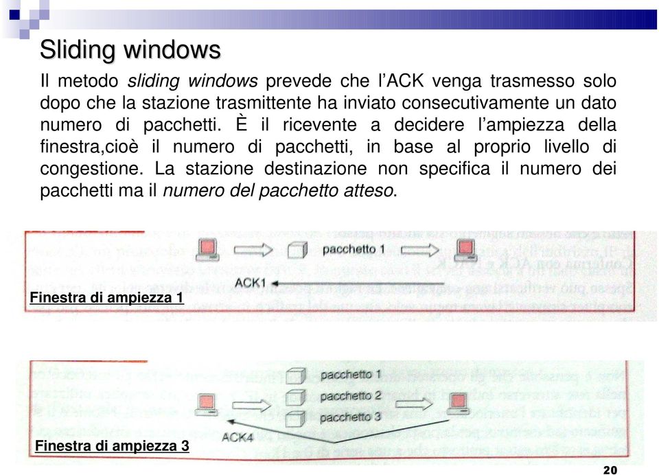 È il ricevente a decidere l ampiezza della finestra,cioè il numero di pacchetti, in base al proprio livello di