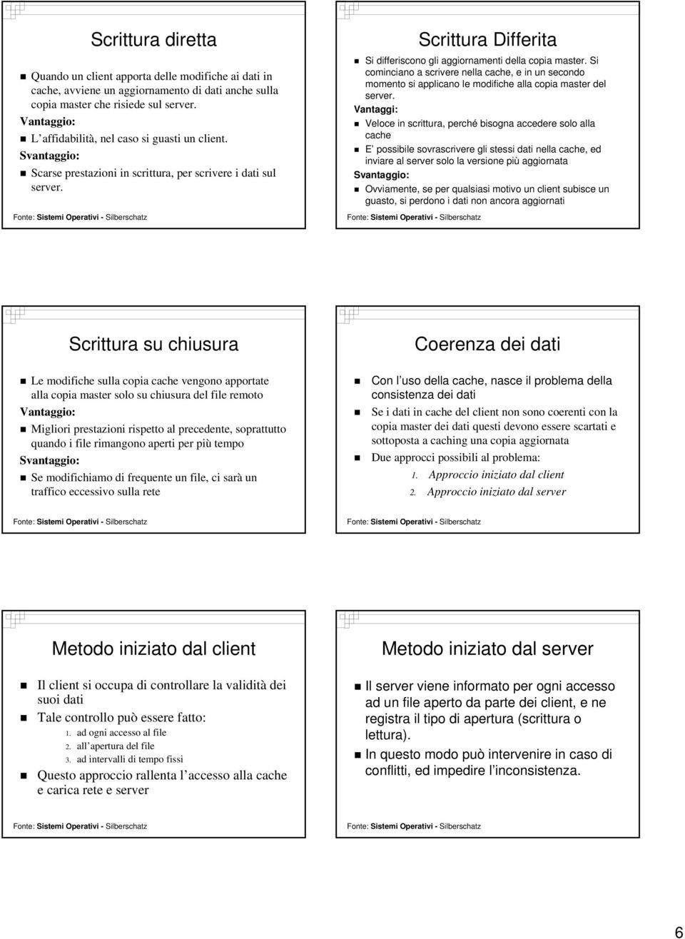 Scrittura Differita Si differiscono gli aggiornamenti della copia master. Si cominciano a scrivere nella cache, e in un secondo momento si applicano le modifiche alla copia master del server.