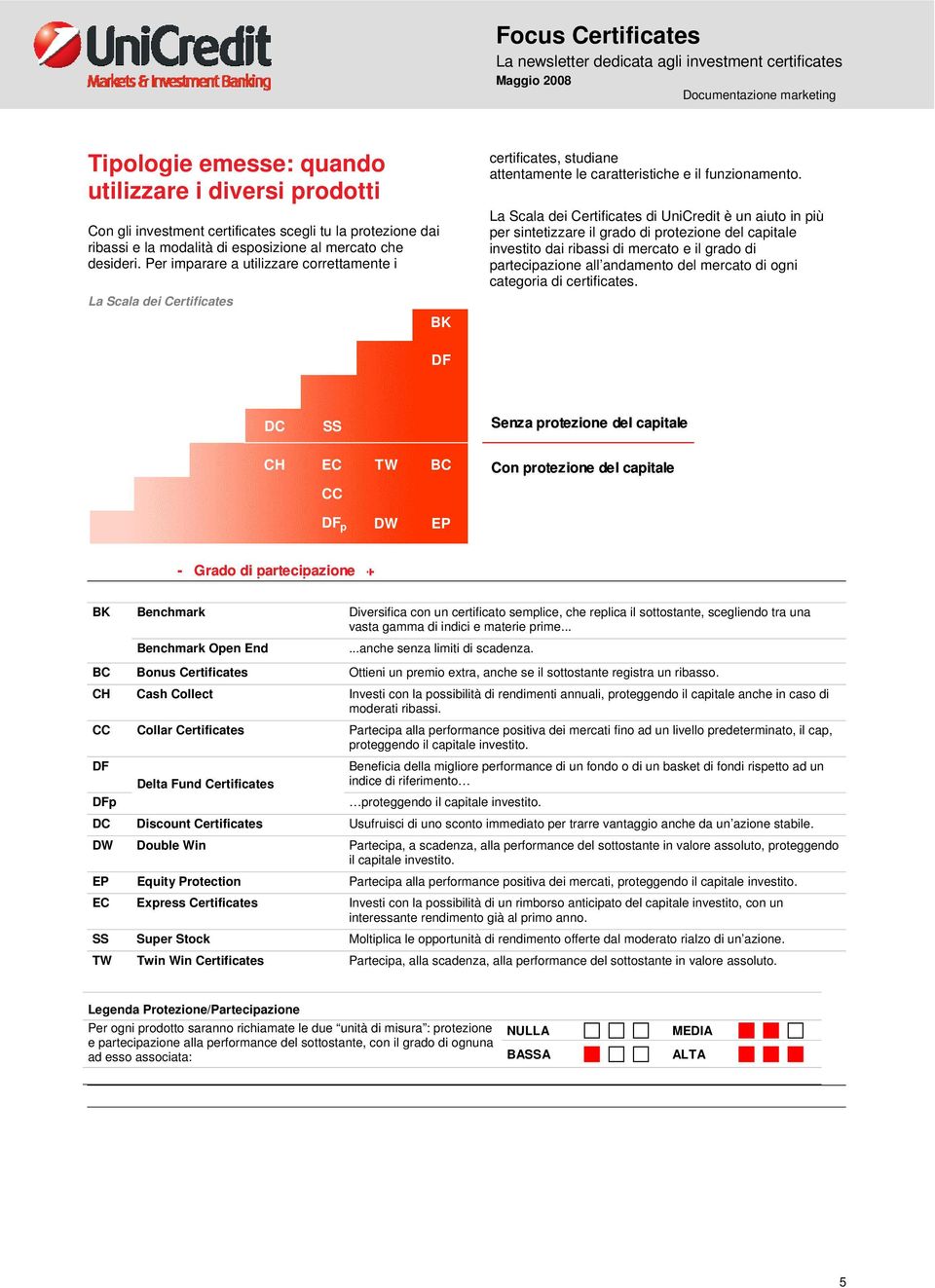 La Scala dei Certificates di UniCredit è un aiuto in più per sintetizzare il grado di protezione del capitale investito dai ribassi di mercato e il grado di partecipazione all andamento del mercato