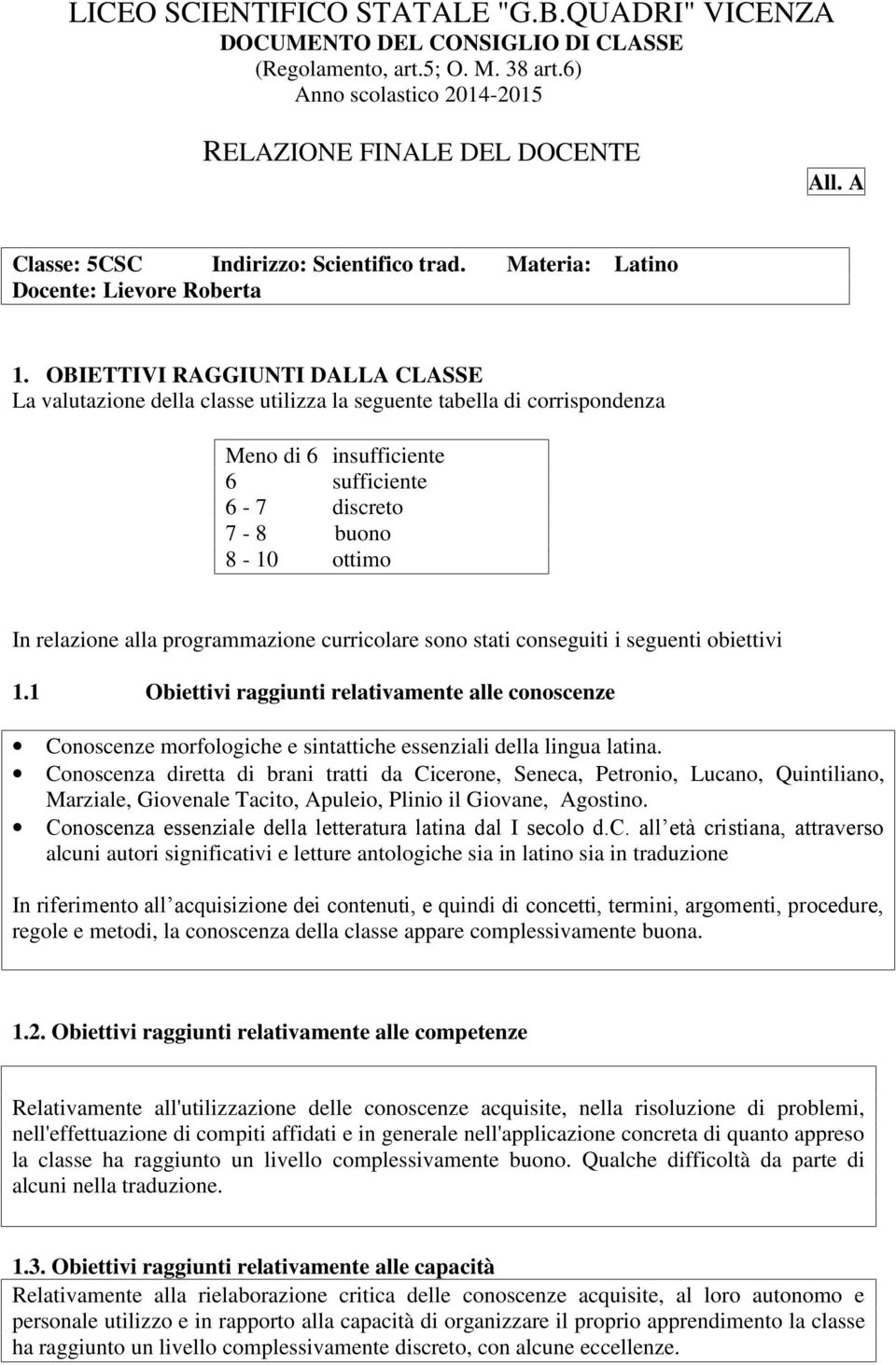 OBIETTIVI RAGGIUNTI DALLA CLASSE La valutazione della classe utilizza la seguente tabella di corrispondenza Meno di 6 insufficiente 6 sufficiente 6-7 discreto 7-8 buono 8-10 ottimo In relazione alla