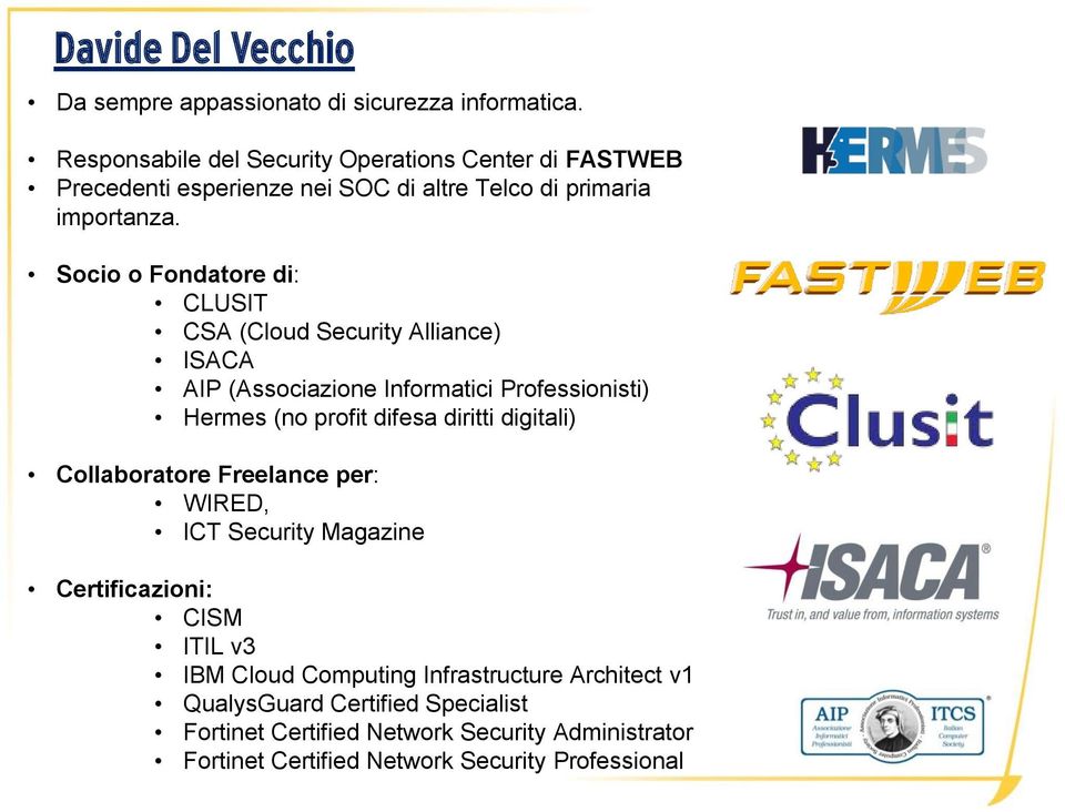 Socio o Fondatore di: CLUSIT CSA (Cloud Security Alliance) ISACA AIP (Associazione Informatici Professionisti) Hermes (no profit difesa diritti