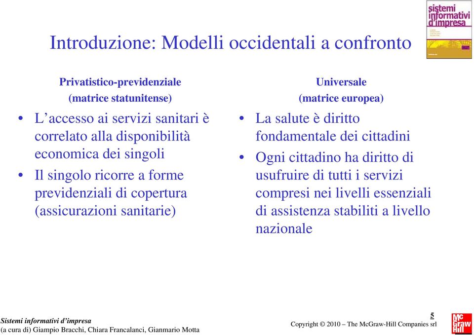 (assicurazioni sanitarie) Universale (matrice europea) La salute è diritto fondamentale dei cittadini Ogni cittadino