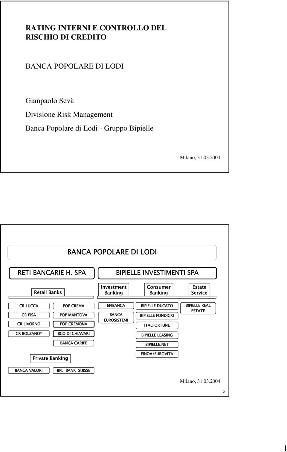 SPA BIPIELLE INVESTIMENTI SPA Banks Investment Banking Consumer Banking Estate Service CR LUCCA CR PISA CR LIVORNO POP CREMA POP MANTOVA POP