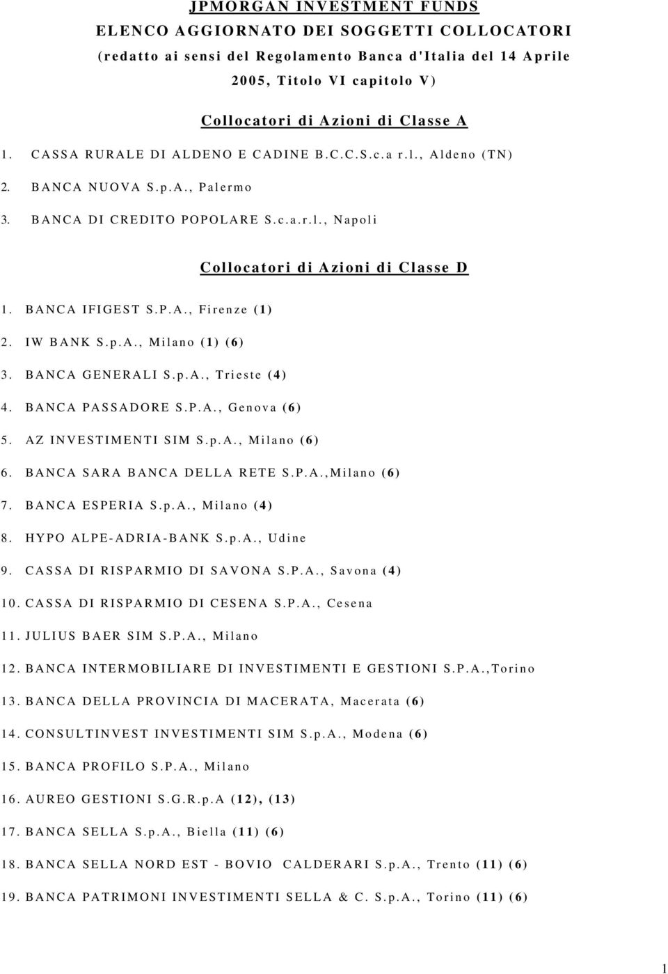 IW BANK S.p.A., Milano (1) (6) 3. BANCA GENERALI S.p.A., Trieste (4) 4. BANCA PASSADORE S.P.A., Genova (6) 5. AZ INVESTIMENTI SIM S.p.A., Milano (6) 6. BANCA SARA BANCA DELLA RETE S.P.A.,Milano (6) 7.