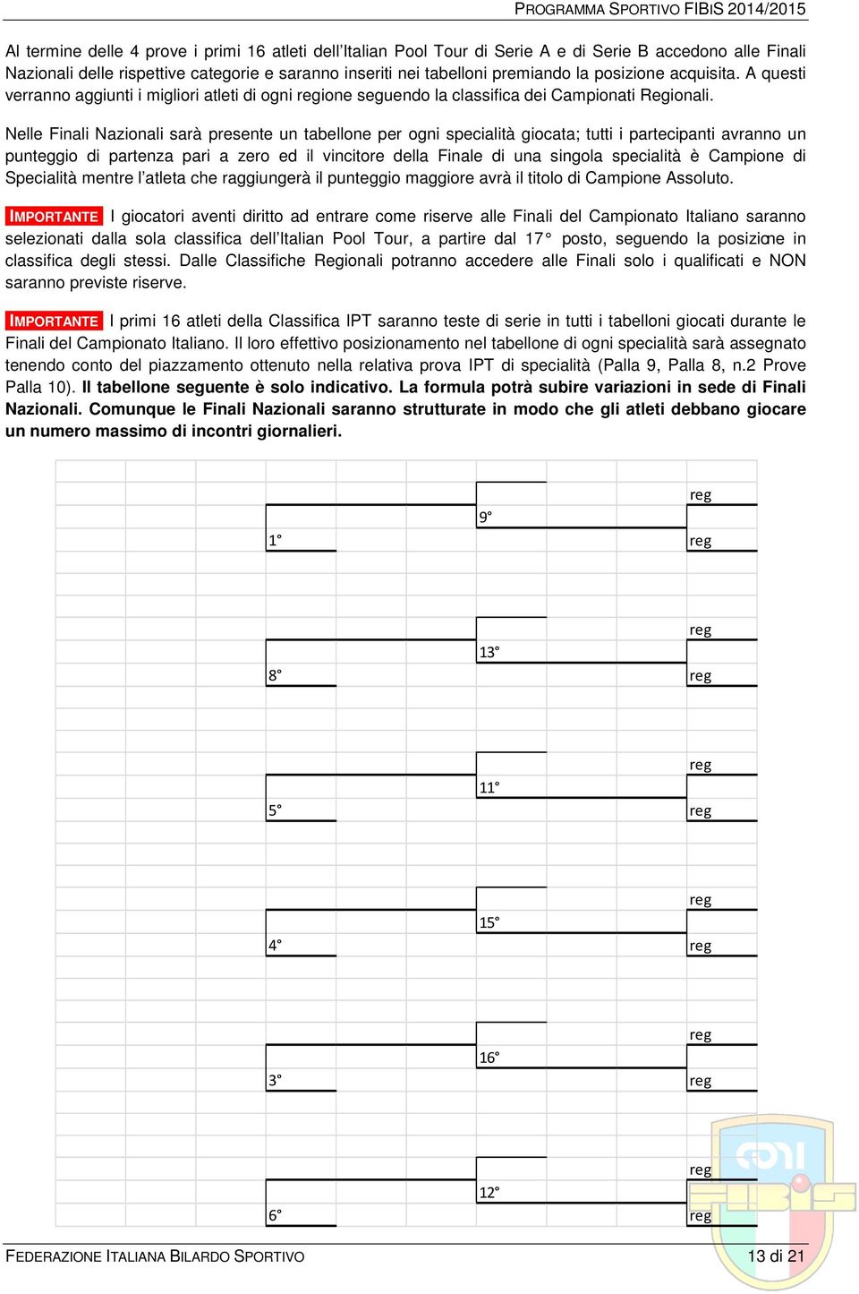 Nelle Finali Nazionali sarà presente un tabellone per ogni specialità giocata; tutti i partecipanti avranno un punteggio di partenza pari a zero ed il vincitore della Finale di una singola specialità