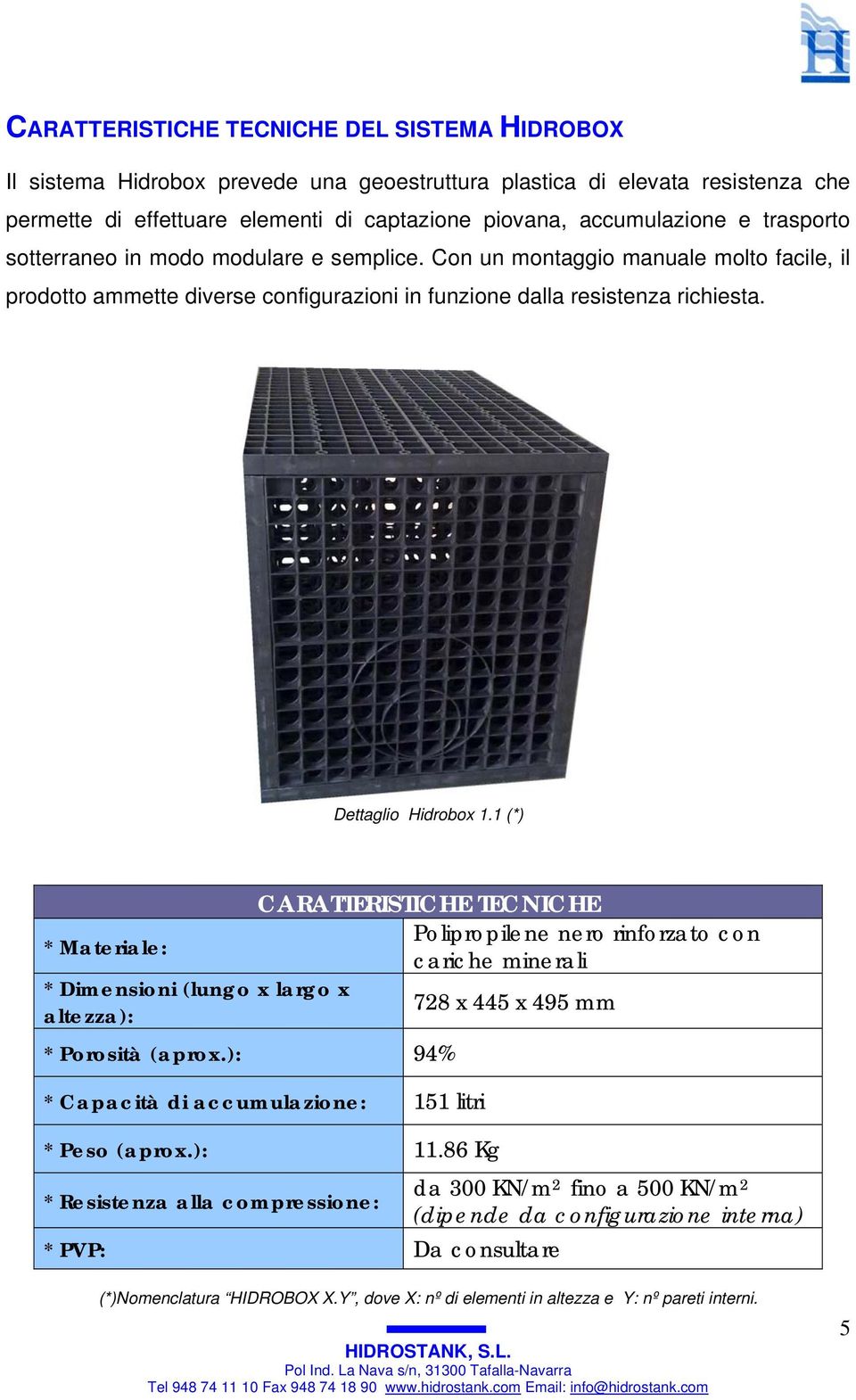 1 (*) * Materiale: * Dimensioni (lungo x largo x altezza): CARATTERISTICHE TECNICHE * Porosità (aprox.): 94% * Capacità di accumulazione: 151 litri * Peso (aprox.): 11.