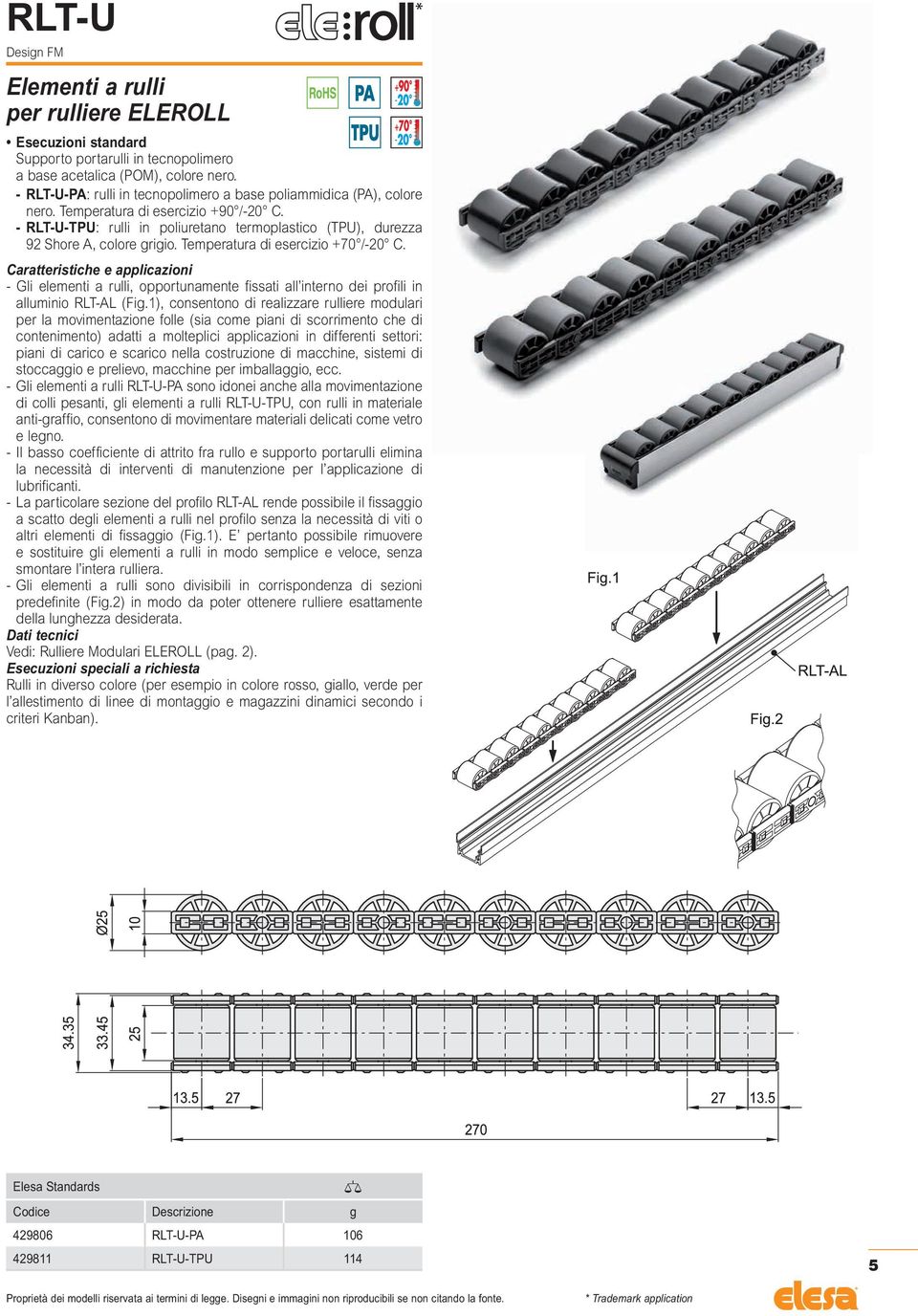 Temperatura di esercizio +70 /-20 C. - Gli elementi a rulli, opportunamente fissati all interno dei profili in alluminio RLT-AL (Fig.