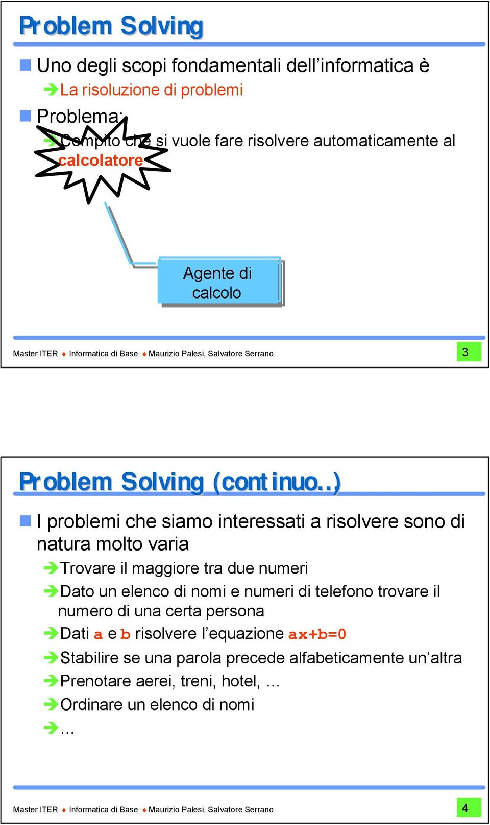 molto varia Trovare il maggiore tra due numeri Dato un elenco di nomi e numeri di telefono trovare il numero di una certa persona Dati a e b risolvere l equazione ax+b=0