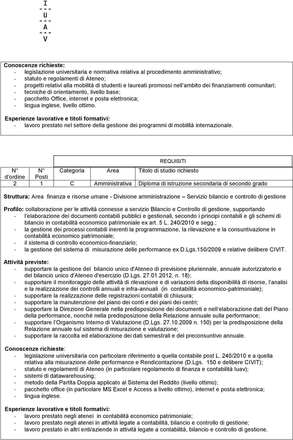 - lavoro prestato nel settore della gestione dei programmi di mobilità internazionale.