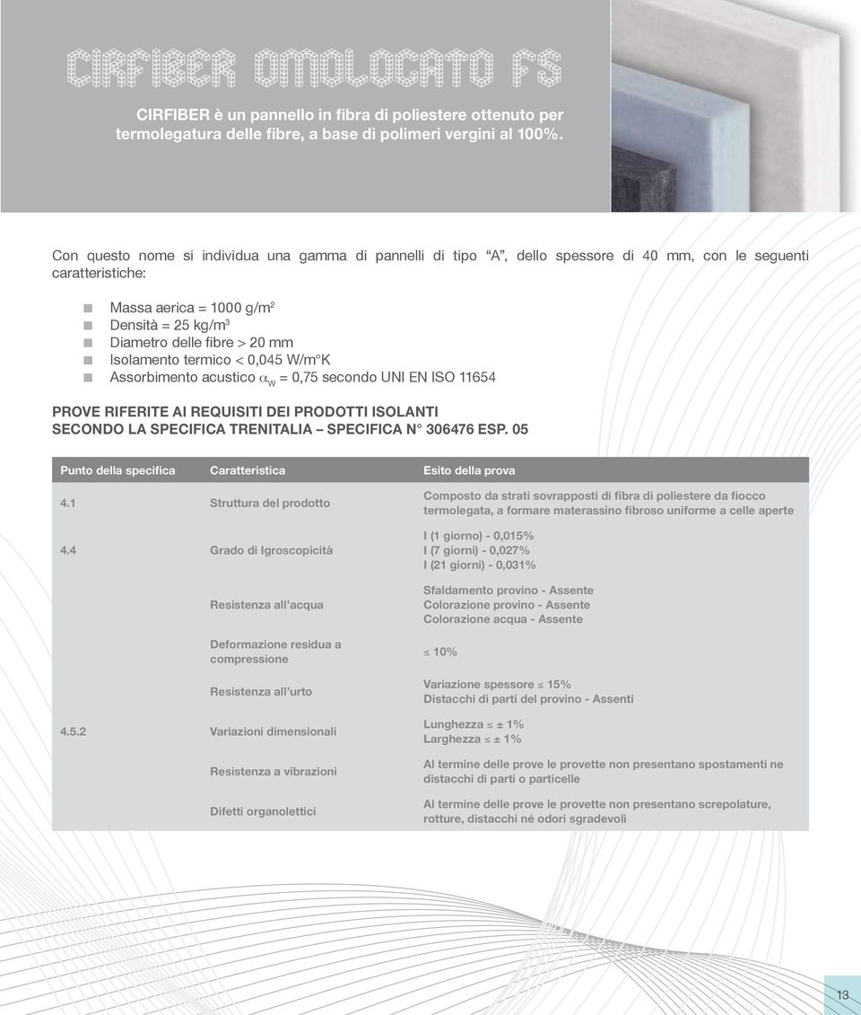 Isolamento termico < 0,045 W/m K Assorbimento acustico a W = 0,75 secondo UNI EN ISO 11654 PROVE RIFERITE AI REQUISITI DEI PRODOTTI ISOLANTI SECONDO LA SPECIFICA TRENITALIA Specifica N 306476 esp.