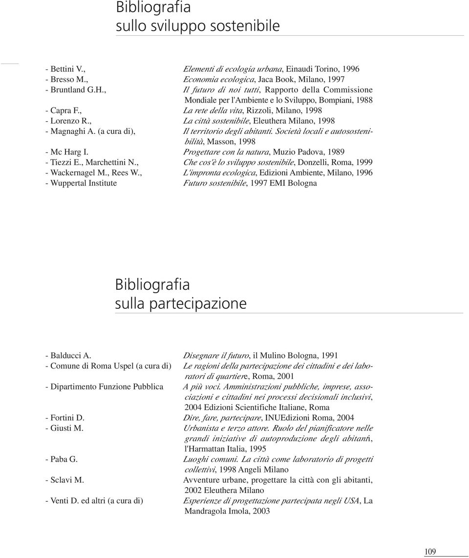 , La città sostenibile, Eleuthera Milano, 1998 - Magnaghi A. (a cura di), Il territorio degli abitanti. Società locali e autosostenibilità, Masson, 1998 - Mc Harg I.