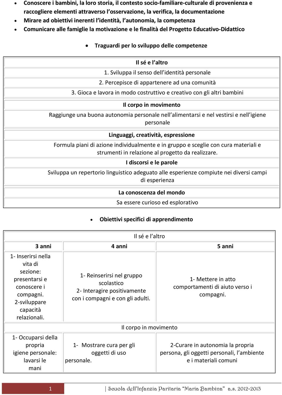 Sviluppa il senso dell identità personale 2. Percepisce di appartenere ad una comunità 3.