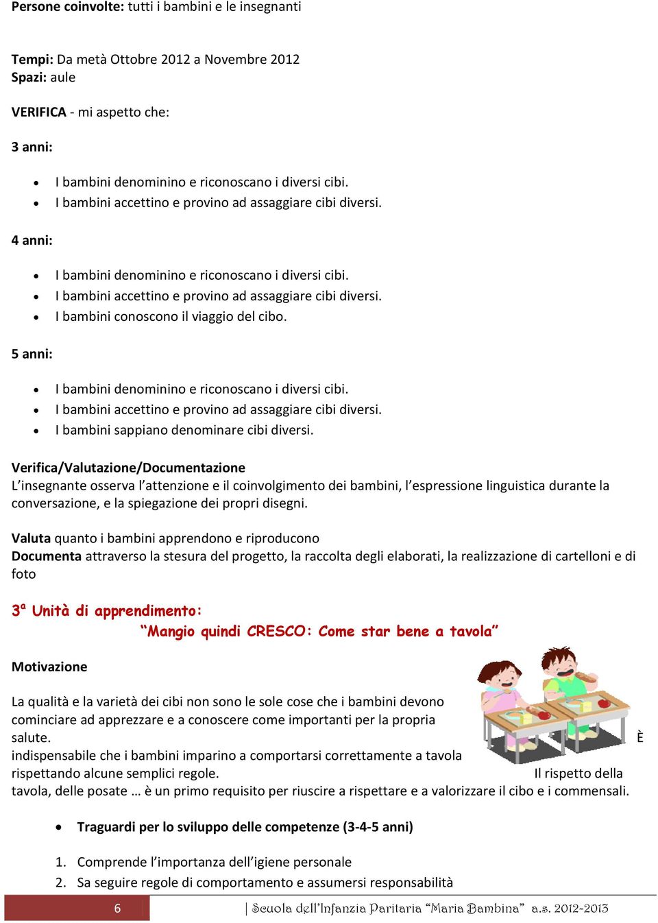 I bambini conoscono il viaggio del cibo. 5 anni: I bambini denominino e riconoscano i diversi cibi. I bambini accettino e provino ad assaggiare cibi diversi.