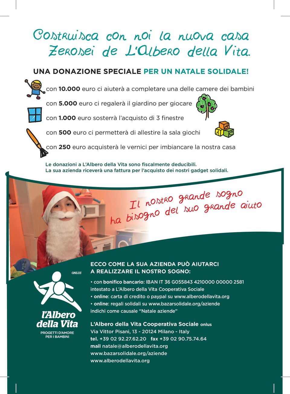 000 euro ci aiuterà a completare una delle camere dei bambini con 5.000 euro ci regalerà il giardino per giocare con 1.