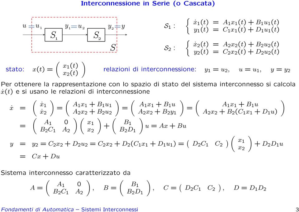interconnessione ( ) ( ) ( ) ( ) ẋ A x ẋ = = B A x = B A = x B ẋ 2 A 2 x 2 B 2 2 A 2 x 2 B 2 A 2 x 2 B 2 (C x D ) ( ) ( ) ( ) A 0 x B = = Ax B B 2 C A 2 x 2 B 2 D = 2 = C 2 x 2 D 2 2 = C 2 x 2