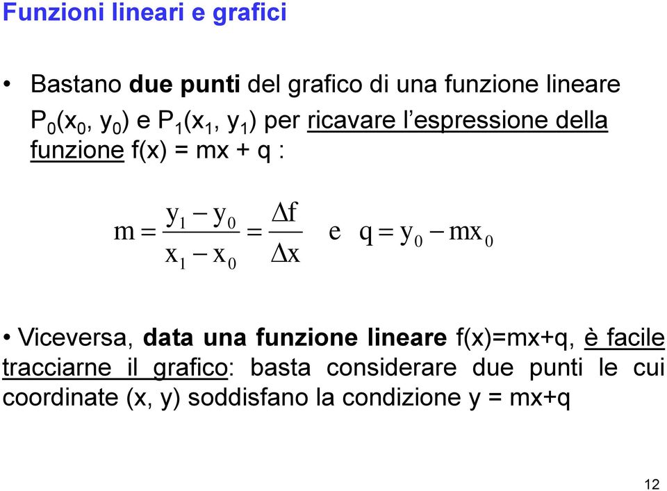 e q y mx 0 0 1 x0 x Viceversa, data una funzione lineare f(x)=mx+q, è facile tracciarne il